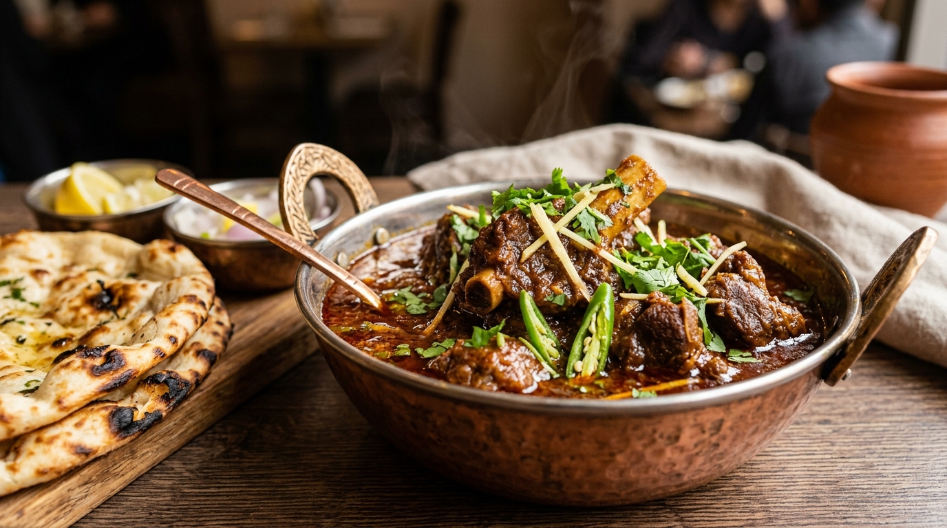 Degi-style bhuna gosht with thick spicy mutton gravy
